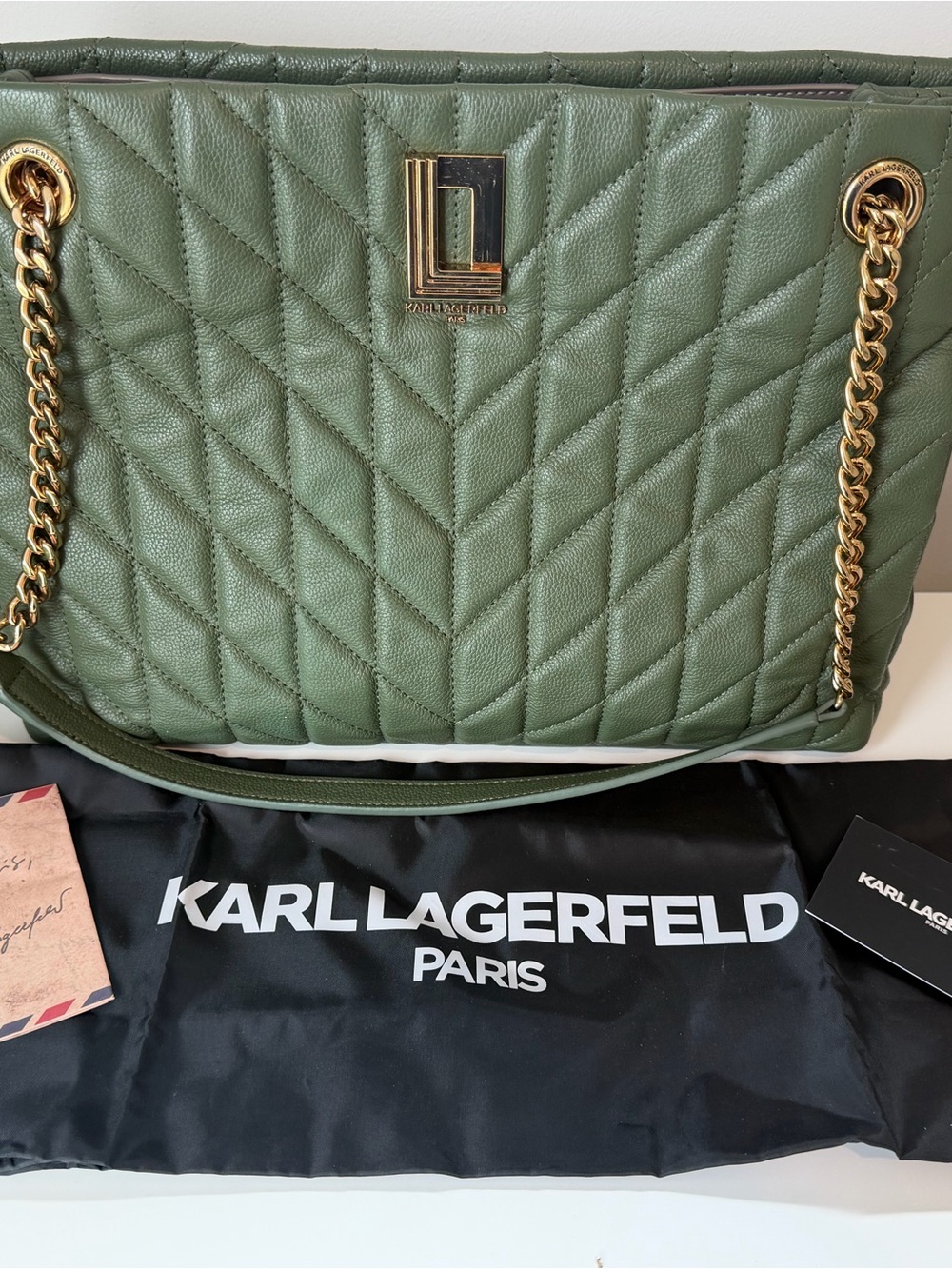 NWT Karl Lagerfeld Lafayette Quilted Olive Green Leather Shoulder Bag/Tote-RARE